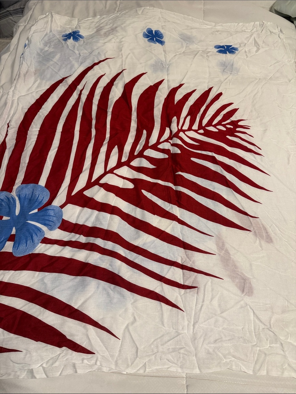 Swim cover White sarong cover up  with Red Palm Leaf and Blue Floral Accent